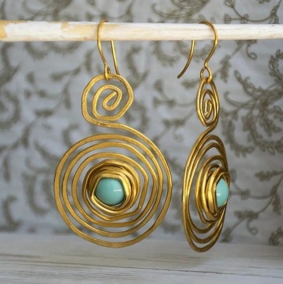 Round Spiral Pattern With Round Turquoise Inlaid Dangle Earrings - Picture 2 of 4